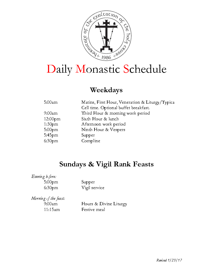 New Schedule of Services - Holy Cross Monastery