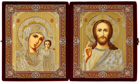 Icon Diptych - Kazan Mother of God & Christ - Faux Velvet Case (Small Silver) - Holy Cross Monastery