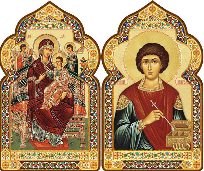 Icon Diptych - Mother of God "Healer of Cancer" & St. Panteleimon - Holy Cross Monastery