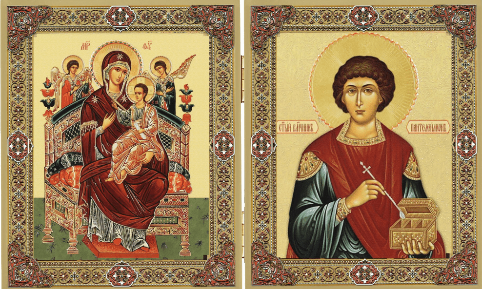 Icon Diptych - Mother of God "Healer of Cancer" & St. Panteleimon - Holy Cross Monastery